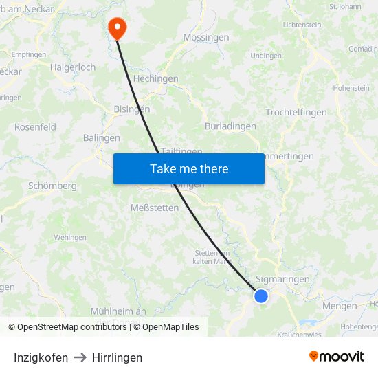 Inzigkofen to Hirrlingen map