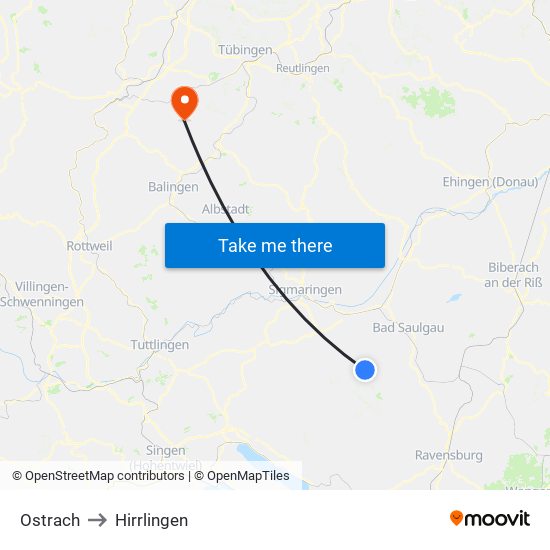 Ostrach to Hirrlingen map