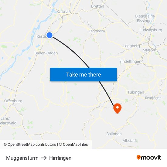 Muggensturm to Hirrlingen map