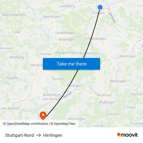 Stuttgart-Nord to Hirrlingen map