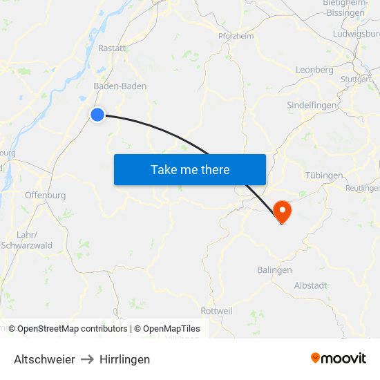 Altschweier to Hirrlingen map