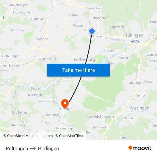 Poltringen to Hirrlingen map