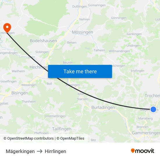 Mägerkingen to Hirrlingen map