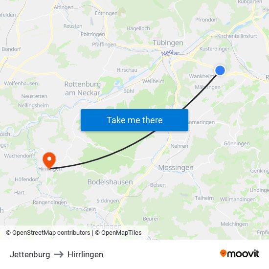 Jettenburg to Hirrlingen map