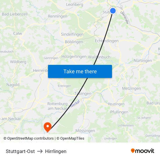 Stuttgart-Ost to Hirrlingen map