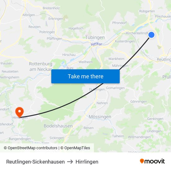 Reutlingen-Sickenhausen to Hirrlingen map