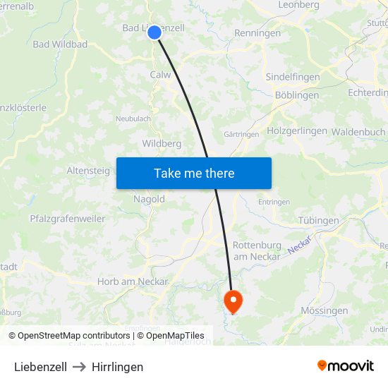 Liebenzell to Hirrlingen map