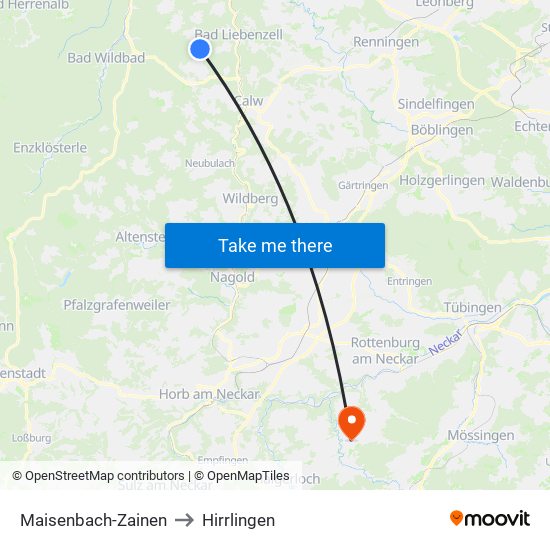 Maisenbach-Zainen to Hirrlingen map