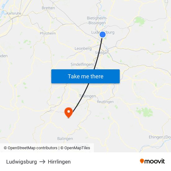 Ludwigsburg to Hirrlingen map