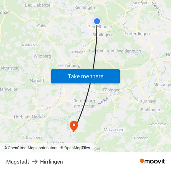 Magstadt to Hirrlingen map