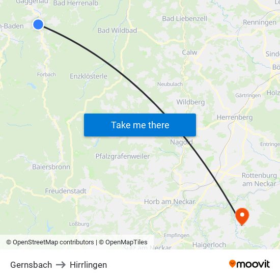 Gernsbach to Hirrlingen map