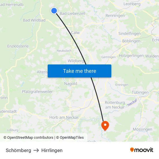 Schömberg to Hirrlingen map