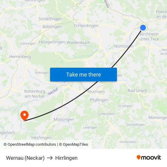 Wernau (Neckar) to Hirrlingen map