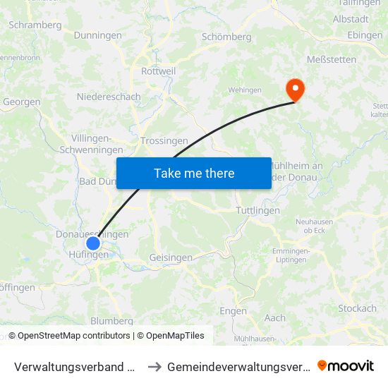 Verwaltungsverband Donaueschingen to Gemeindeverwaltungsverband Meßstetten map