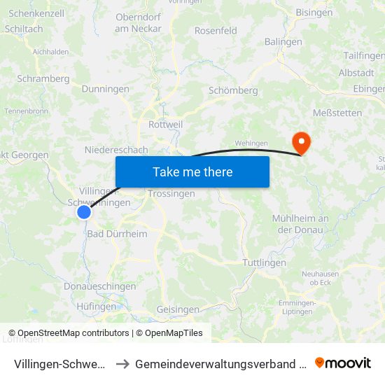 Villingen-Schwenningen to Gemeindeverwaltungsverband Meßstetten map