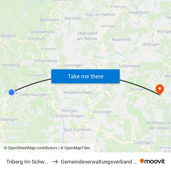 Triberg Im Schwarzwald to Gemeindeverwaltungsverband Meßstetten map