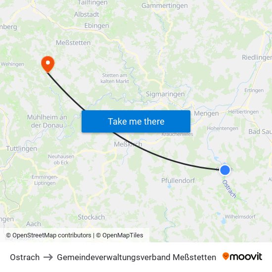 Ostrach to Gemeindeverwaltungsverband Meßstetten map