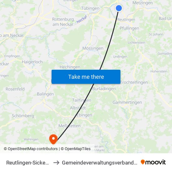 Reutlingen-Sickenhausen to Gemeindeverwaltungsverband Meßstetten map