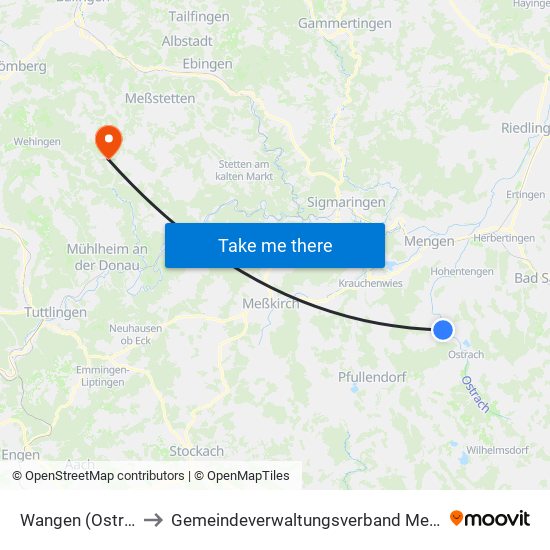 Wangen (Ostrach) to Gemeindeverwaltungsverband Meßstetten map