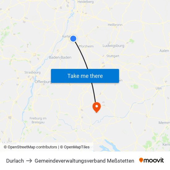 Durlach to Gemeindeverwaltungsverband Meßstetten map