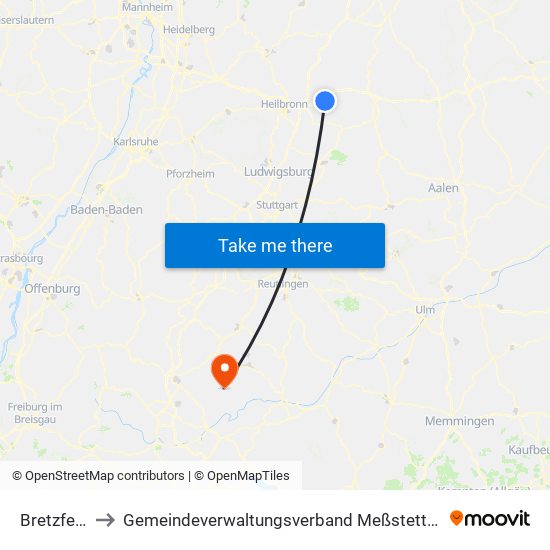 Bretzfeld to Gemeindeverwaltungsverband Meßstetten map