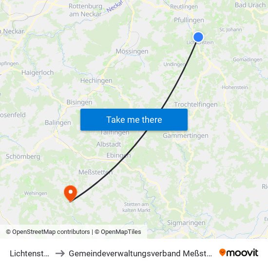 Lichtenstein to Gemeindeverwaltungsverband Meßstetten map