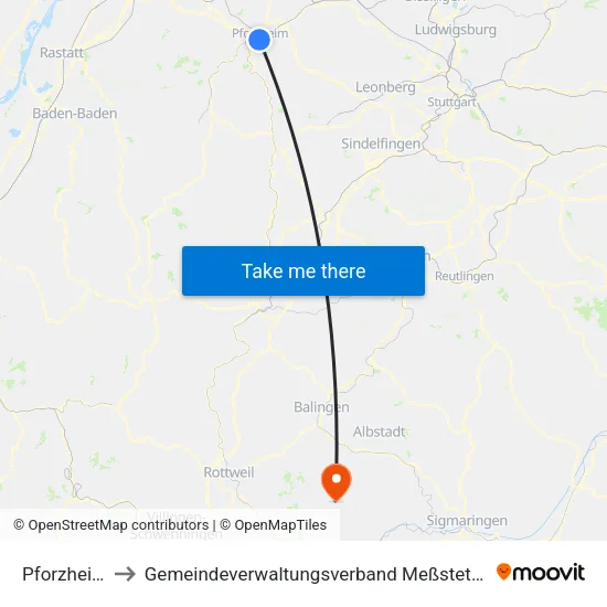 Pforzheim to Gemeindeverwaltungsverband Meßstetten map