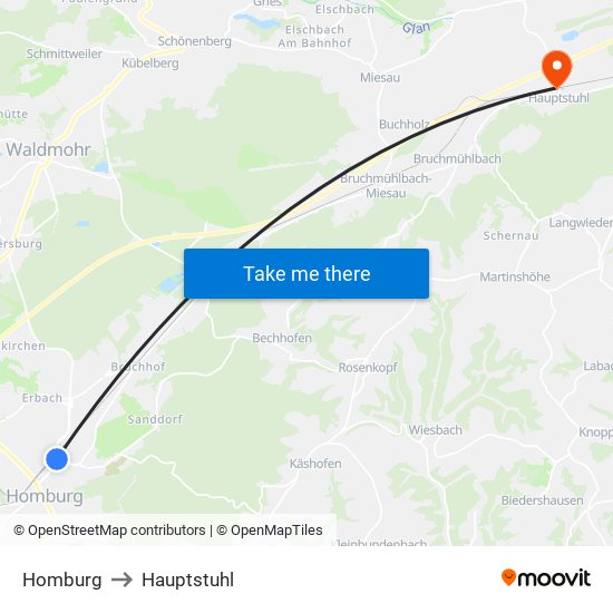 Homburg to Hauptstuhl map