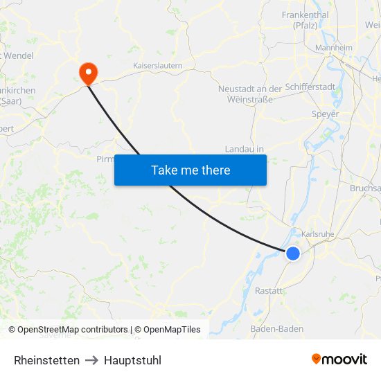 Rheinstetten to Hauptstuhl map