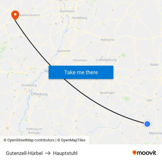 Gutenzell-Hürbel to Hauptstuhl map