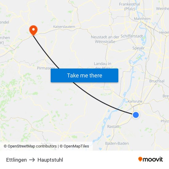 Ettlingen to Hauptstuhl map