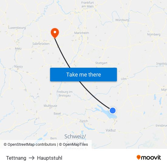 Tettnang to Hauptstuhl map