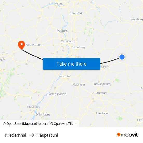 Niedernhall to Hauptstuhl map