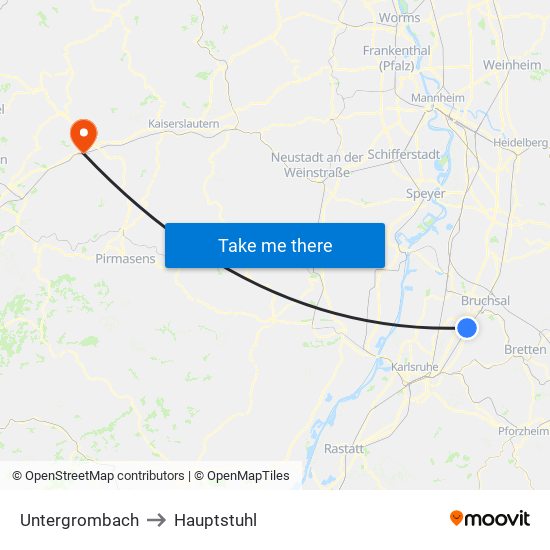 Untergrombach to Hauptstuhl map