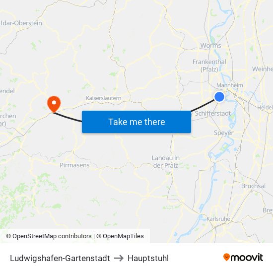 Ludwigshafen-Gartenstadt to Hauptstuhl map