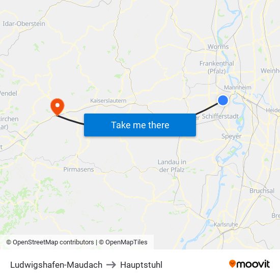 Ludwigshafen-Maudach to Hauptstuhl map