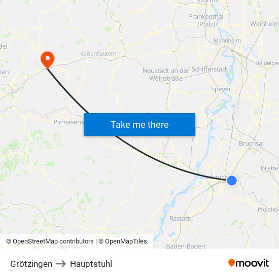 Grötzingen to Hauptstuhl map