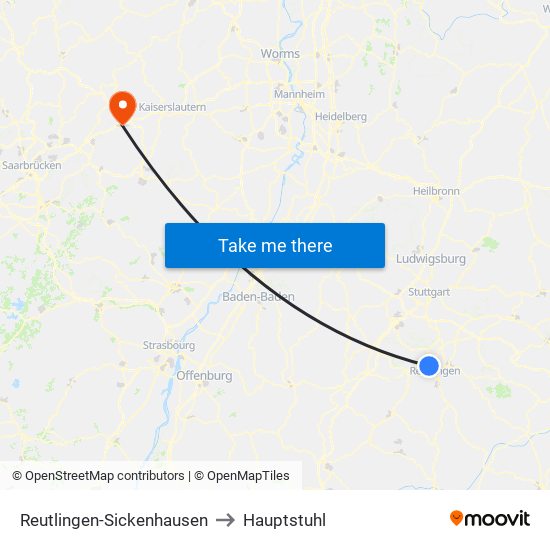 Reutlingen-Sickenhausen to Hauptstuhl map