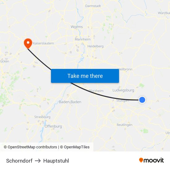 Schorndorf to Hauptstuhl map