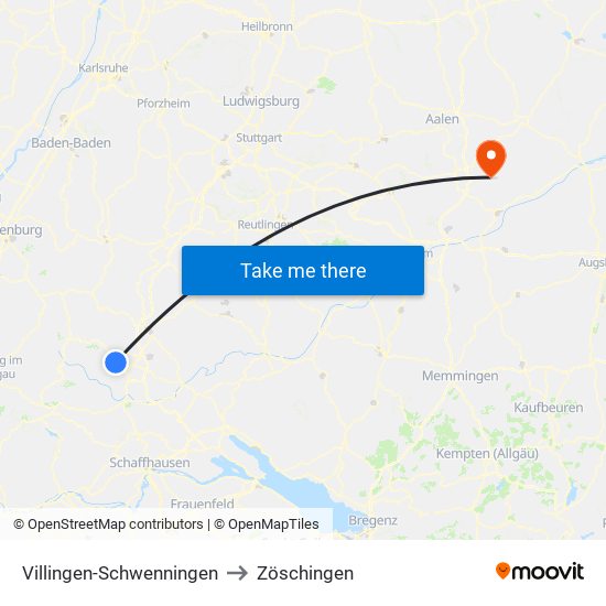 Villingen-Schwenningen to Zöschingen map