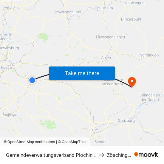 Gemeindeverwaltungsverband Plochingen to Zöschingen map