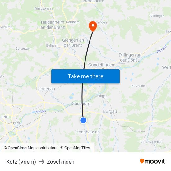 Kötz (Vgem) to Zöschingen map