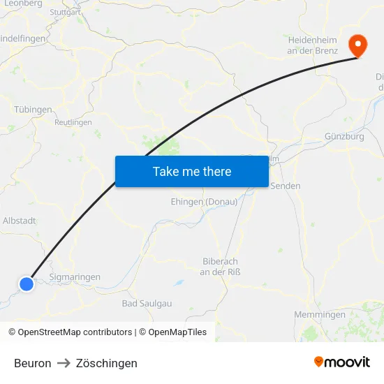 Beuron to Zöschingen map