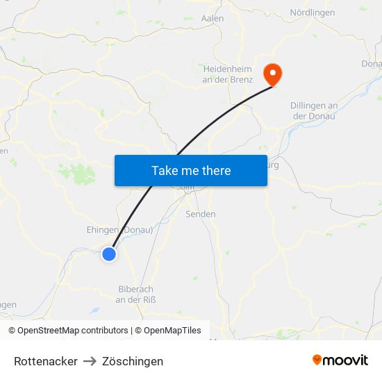 Rottenacker to Zöschingen map