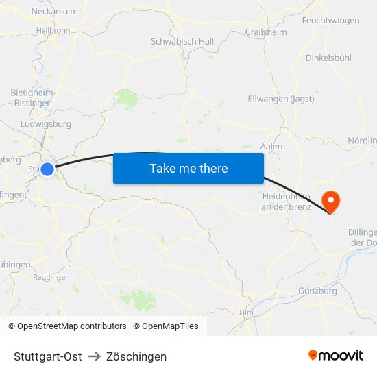 Stuttgart-Ost to Zöschingen map