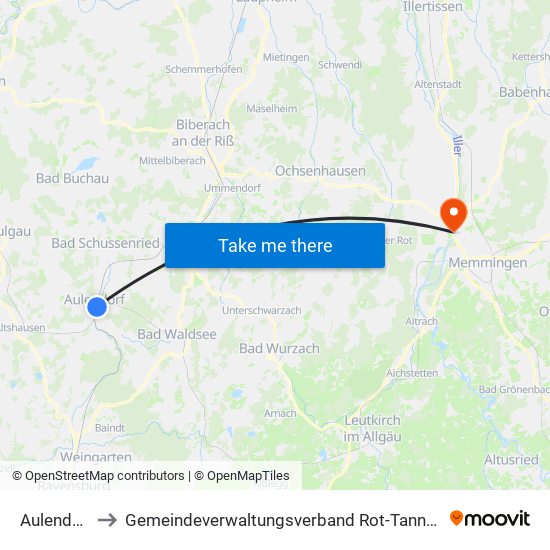 Aulendorf to Gemeindeverwaltungsverband Rot-Tannheim map
