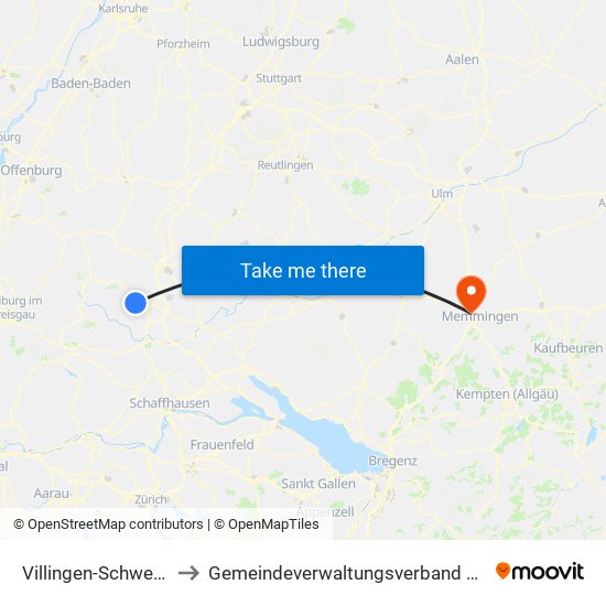 Villingen-Schwenningen to Gemeindeverwaltungsverband Rot-Tannheim map