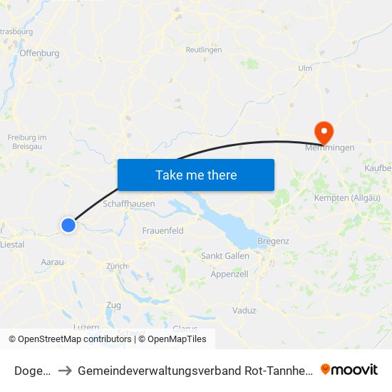 Dogern to Gemeindeverwaltungsverband Rot-Tannheim map