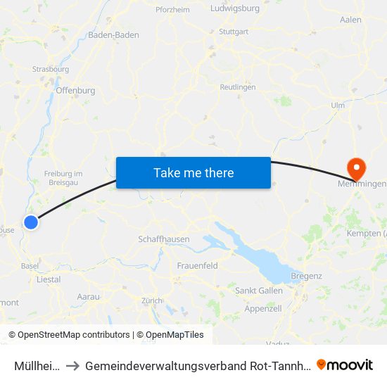 Müllheim to Gemeindeverwaltungsverband Rot-Tannheim map