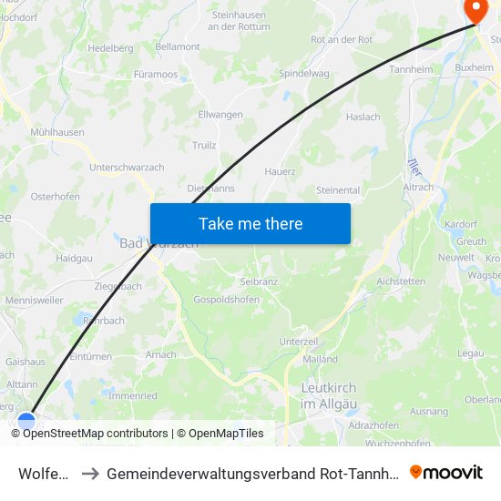 Wolfegg to Gemeindeverwaltungsverband Rot-Tannheim map